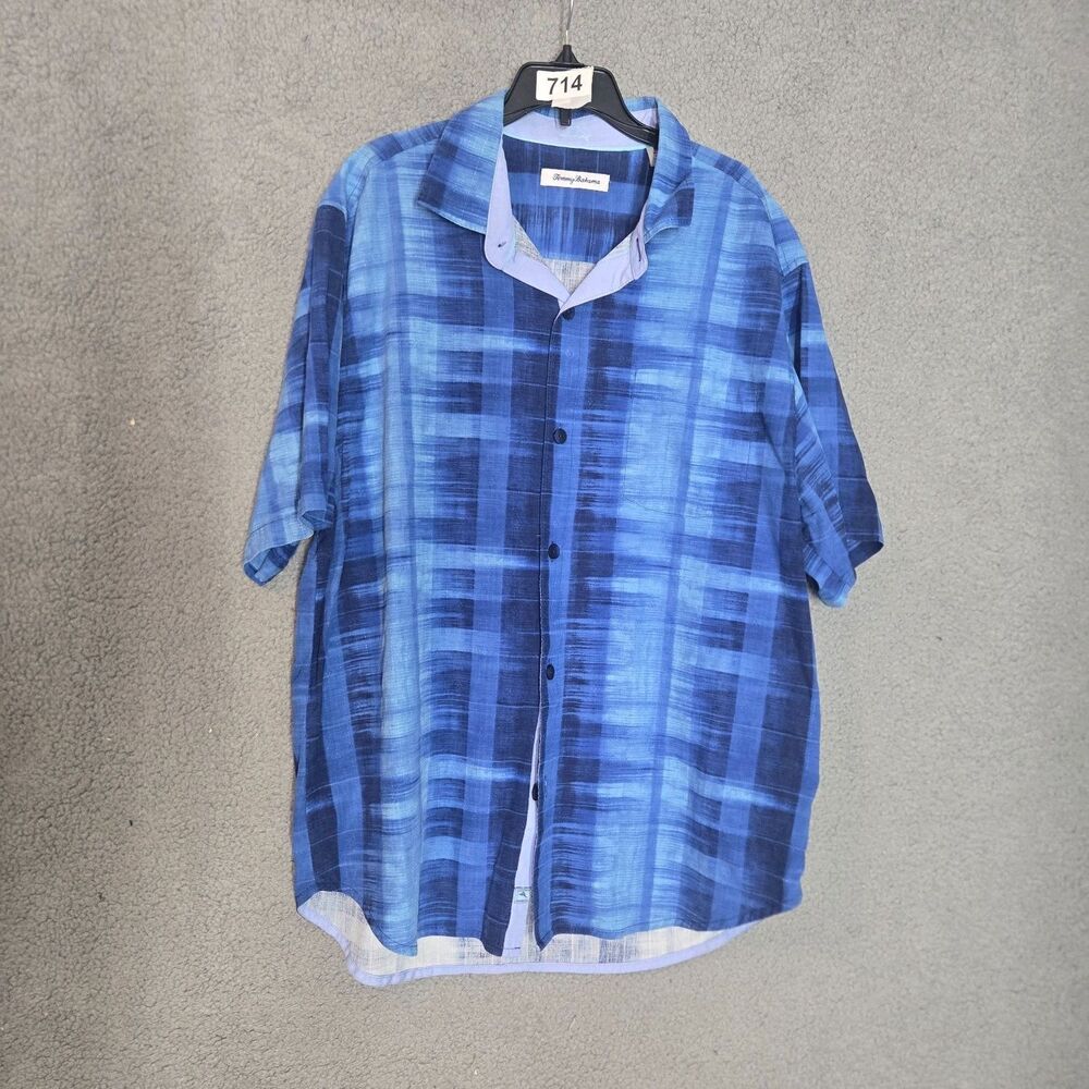 Tommy Bahama Button-Up Mens L Blue Plaid Short Sleeve Embroidered SILK